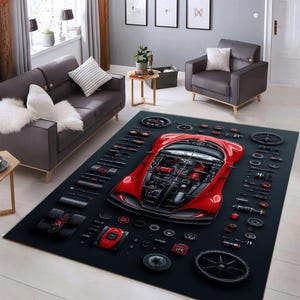Puede incluir: Una alfombra rectangular que presenta una vista cenital de un coche deportivo rojo con el motor expuesto, rodeado de varias piezas mecánicas y componentes de automóvil dispuestos en un diseño organizado sobre un fondo gris oscuro sólido.