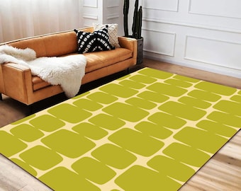 70s Retro Geometric Area Rug: Green & Cream Mid Century Modern
