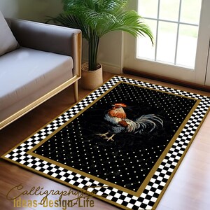 Rooster Area Rug: Checkered Black Chicken Path - Non-slip Floor Mat - Etsy