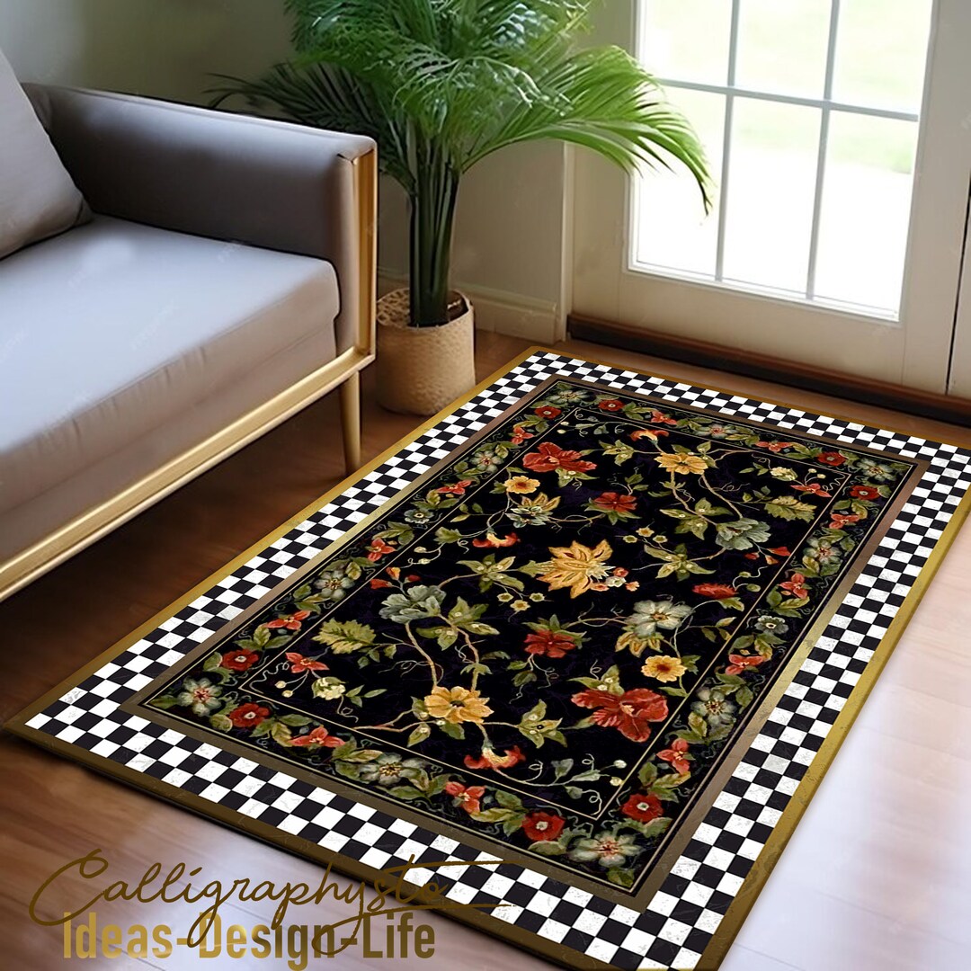 Arizona Tea Rug Floral Terracotta Area Rug: Black Aztec Farmhouse Runner - Etsy