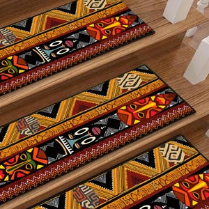 African Tribal Stair Treads Non Slip Set Ethnic Mask Pattern Wooden Step Mat