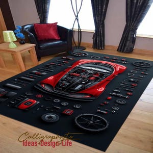 Explosionszeichnung eines Bugatti Chiron Teppich, Spielteppich für das Auto, Spielteppich für Kinderzimmer, Straßenteppich, Teppich mit rutschfester Unterseite