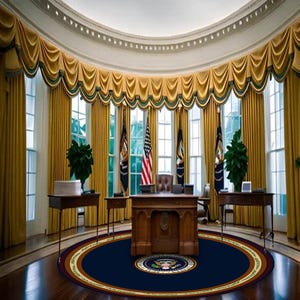 May include: The Oval Office, featuring a large wooden desk, a blue rug with a presidential seal, and several American flags. The room has large windows with yellow curtains and decorative gold trim.