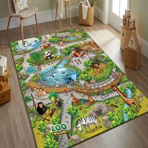 May include: A rectangular area rug featuring a colorful, illustrated zoo map with various animal enclosures, including a panda, lion, giraffe, zebra, and elephant. The design includes a central aquarium, walking paths, green trees, and the text ZOO WELCOME.