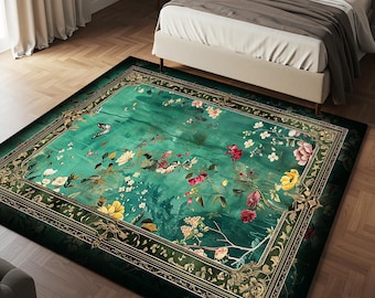 Gothic Green Area Rug: Medieval Flower, Bird, Damascus Art