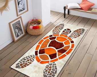 Orange Turtle Bathroom Rug: Boho Non-Slip Floor Mat