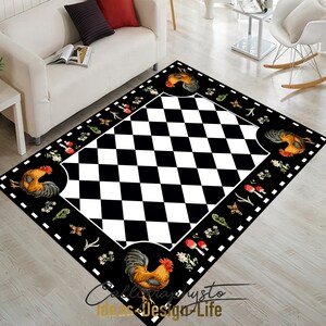 May include: A rectangular area rug featuring a central black and white diamond pattern bordered by a black frame. The border is decorated with illustrations of roosters, red mushrooms, butterflies, and small white flowers in a repeating design.