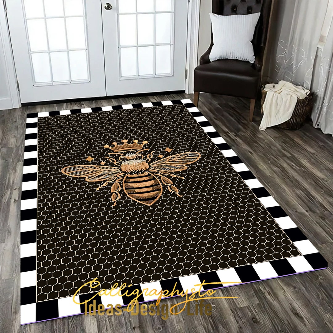 Bee Area Rug | Black Honeycomb, Crown Floor Art - Etsy