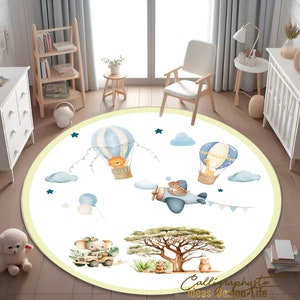 Niedlicher Safari Teppich mit Auto, Baby Geschenk, Bereich, Teppich, Heissluftballon Kinderteppich, Waschbar Kinder Teppich, Baby Teppich, Runder Teppich