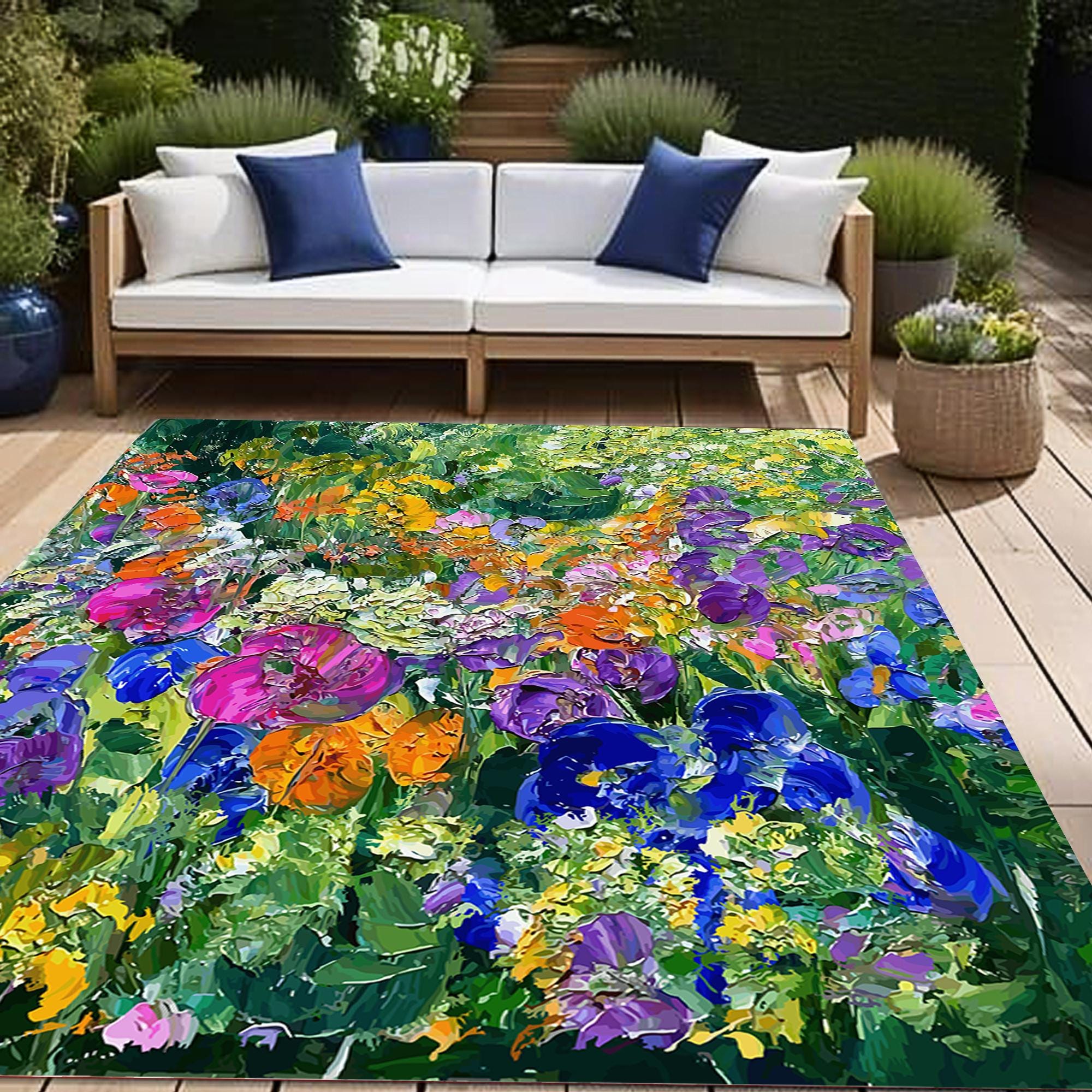 Floral Acrylic Paint Pattern Outdoor Rug, Weather Resistant Patio Mat ...