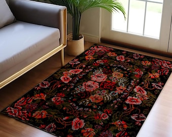 Gothic Rose Area Rug | Black Floral Damask Carpet, Non-Slip