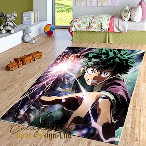 Puede incluir: Una alfombra de anime colorida con un personaje de cabello verde con energía rosa y morada brillante. El personaje lleva un atuendo verde y morado y tiene una expresión decidida. La alfombra tiene un fondo oscuro con estrellas y un borde blanco.
