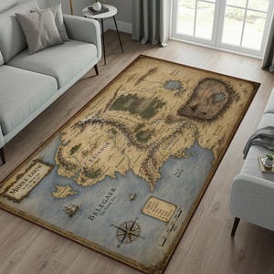 May include: A rectangular area rug featuring a detailed, vintage-style map of Middle-earth. The design includes labeled regions like Eriador, Rohan, and Mordor, with a compass rose, a legend, and the text Middle-earth in the Third Age.