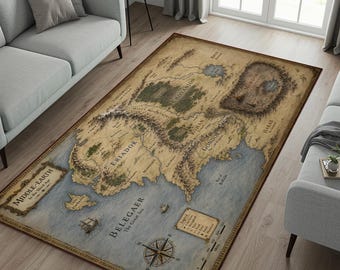 Middle Earth Map Rug, Fantasy Gaming Room Carpet, Vintage Area Rug Gift for Geek