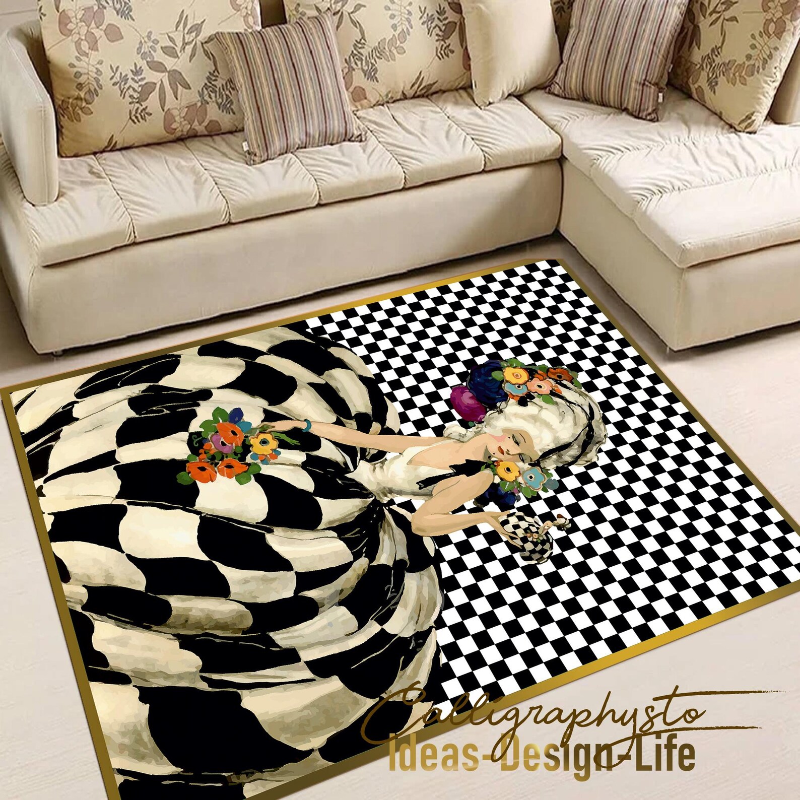 Victorian Lady Area Rug: Renaissance Maiden, Checkered Black Carpet - Etsy