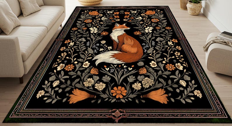 Gothic Fox Rug: Vintage William Morris Style, Dark Academia Decor image 7
