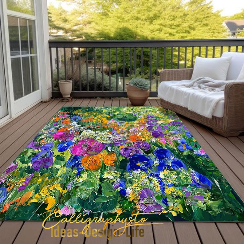 Floral Acrylic Paint Pattern Outdoor Rug, Weather Resistant Patio Mat ...