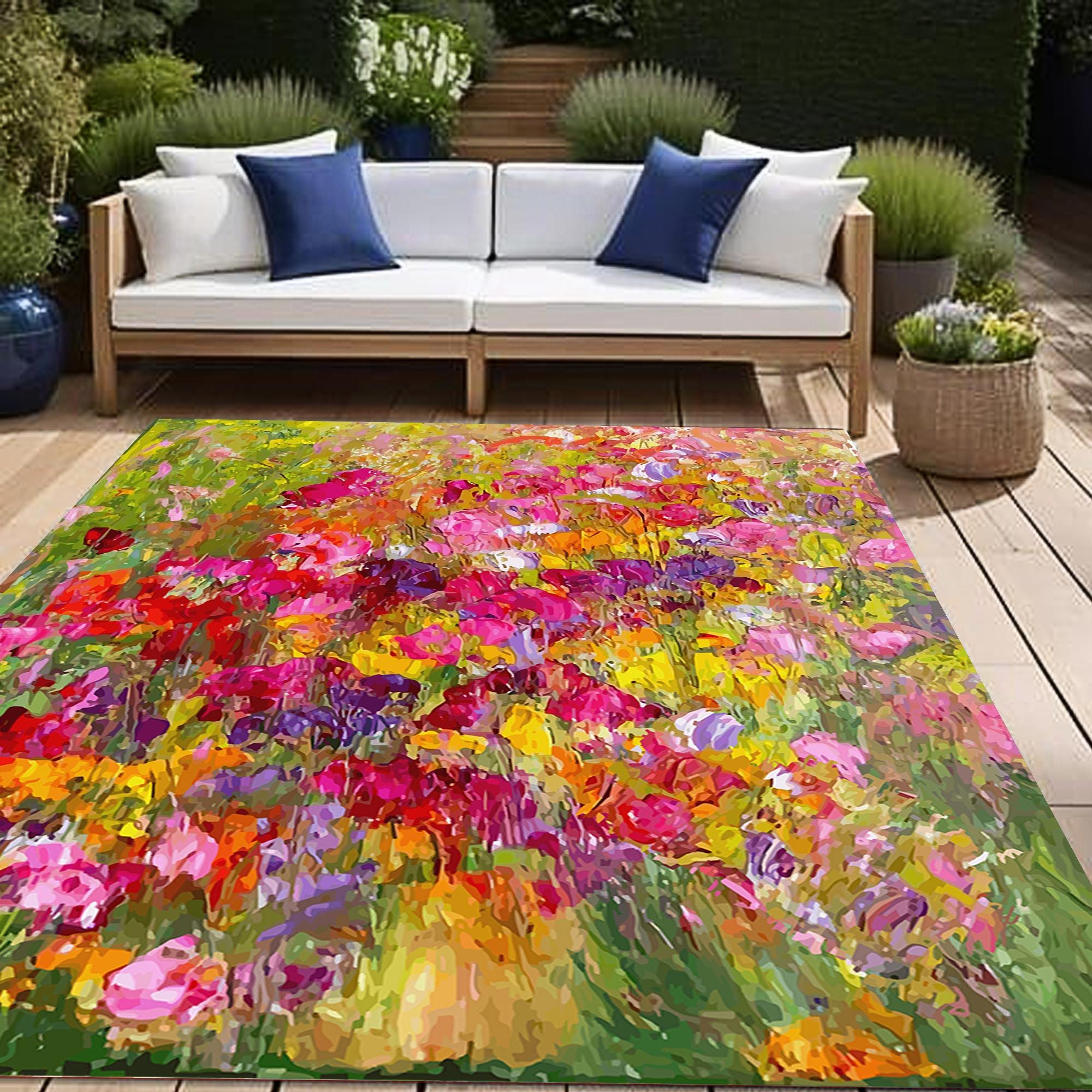 Tapis d'extérieur motif fleurs effet 3D résistant aux intempéries crème