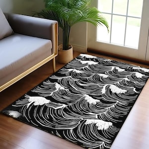 Black and White in Traditional Japanese Style, Endless Ocean Wave Japanese Wave Rug, Home Decoration, Minimalist Rug, Japanese Art Rug.