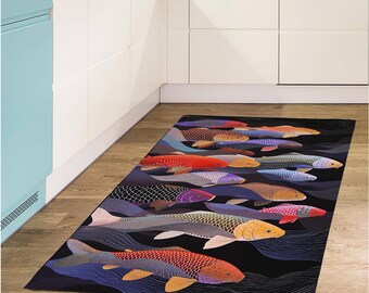 Alfombra de cocina: Estampado de peces azules - Antideslizante y lavable a máquina