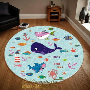 Sea World Nursery Rug|Whale Playmate for Kids Room|Marine Toddler Round Carpet|Hook Non Slip Activity Rug|Creatures Playroom Rug|Daycare Mat
