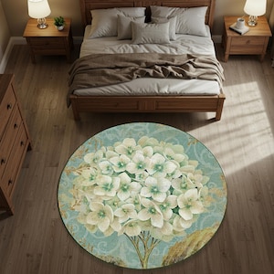 Alfombra redonda de hortensias: decoración floral para el hogar, base antideslizante.