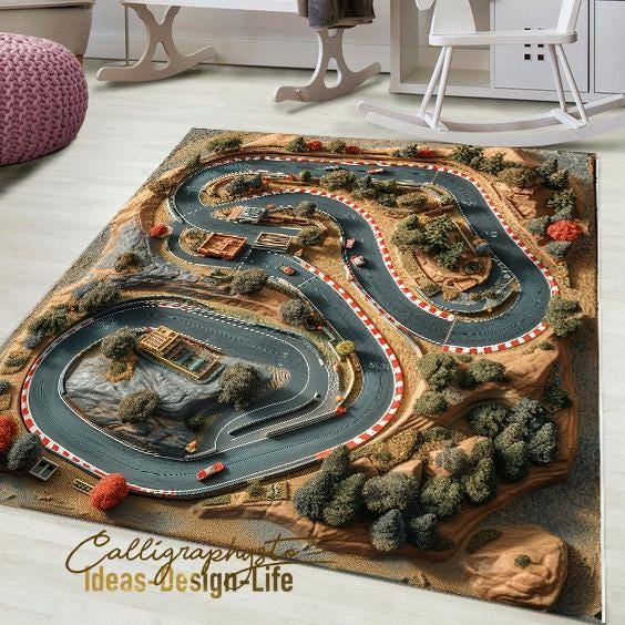 Racetrack Rug, Traffic Rug, 3D Race Track, Car Play Mat