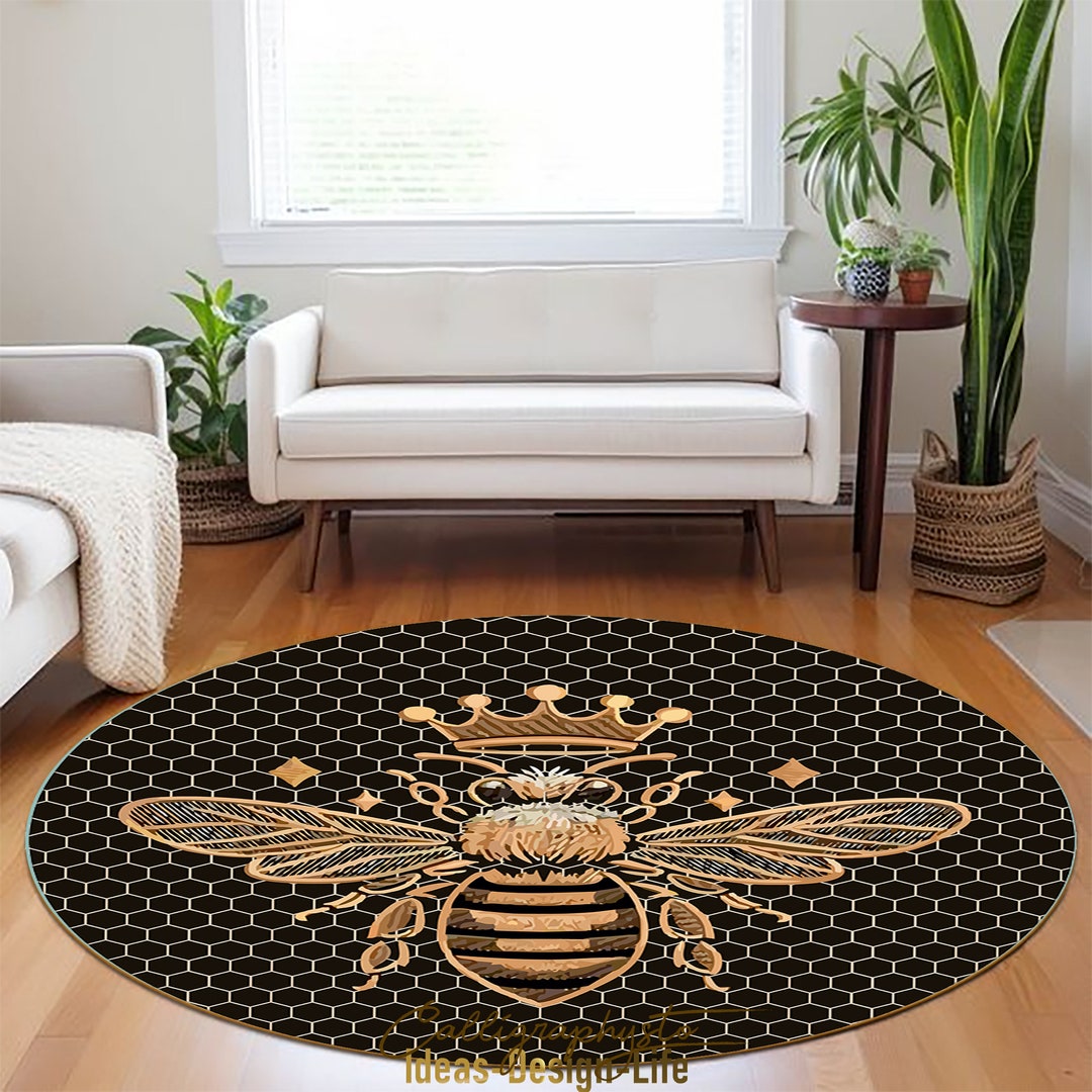 Manchester Bee Rug Honeycomb Bee Round Rug: Embroidered Crown, Black Geometric Mat - Etsy