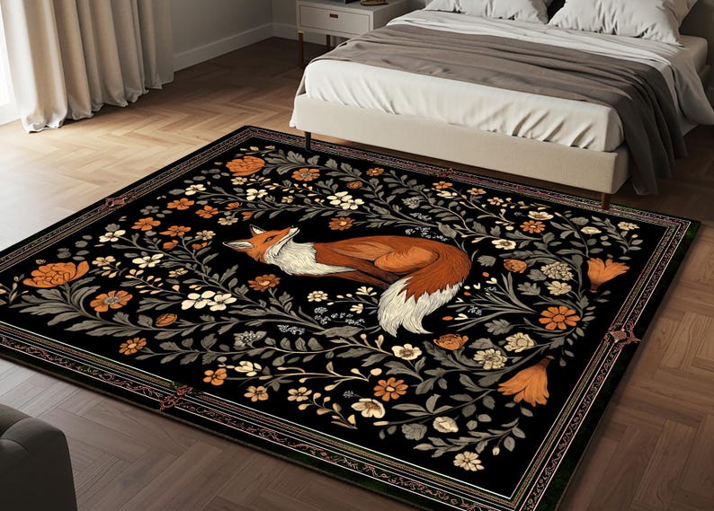 Gothic Fox Rug: Vintage William Morris Style, Dark Academia Decor image 10