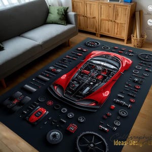 Bugatti Chiron Exploded View Rug: Kids Car Play Mat, Non-slip Base ...