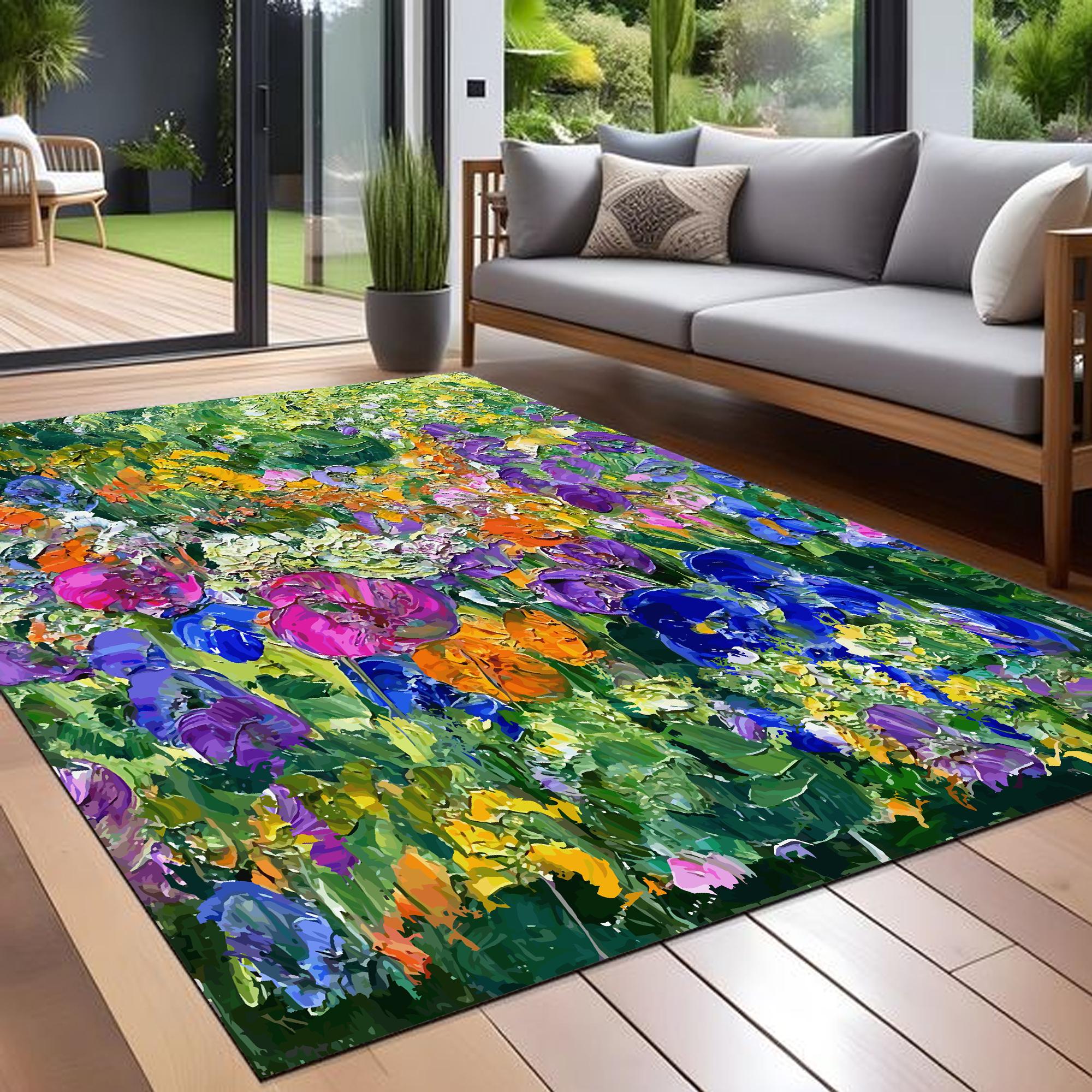 Floral Acrylic Paint Pattern Outdoor Rug, Weather Resistant Patio Mat ...
