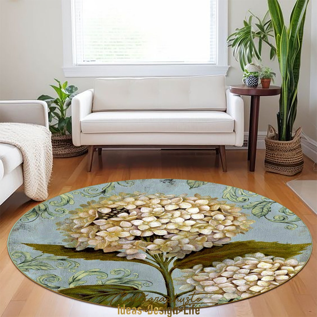 Hydrangea Round Rug: Floral Home Decor, Non-slip Base - Etsy