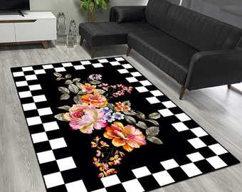 Gothic Floral Area Rug: Checkered Border, Anti-Slip Floor Mat