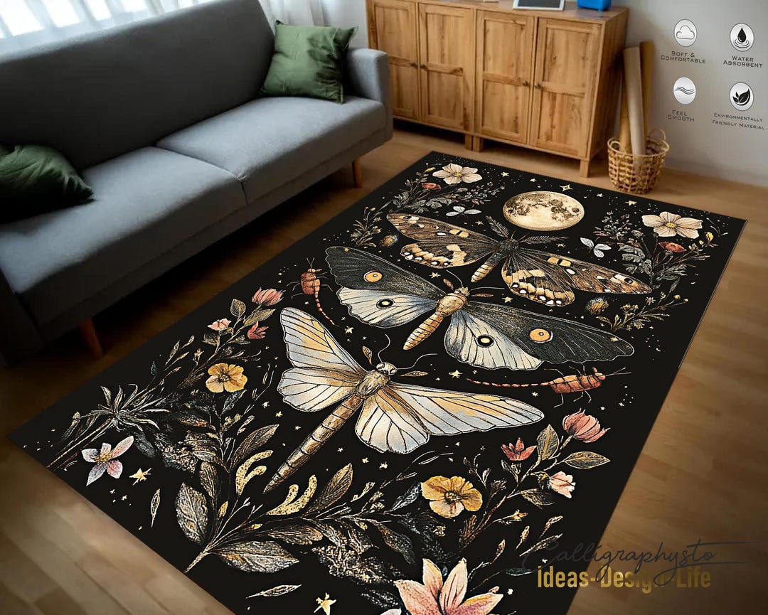 Moth Area Rug Mystic Moth Area Rug - Moon and Floral Pattern for Living Room - Etsy