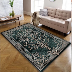 Gothic Green Area Rug, Floral Tree Bird Design, Vintage Art