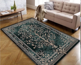 Gothic Green Area Rug, Floral Tree Bird Design, Vintage Art