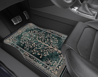 Dark Green Floral Car Floor Mats, Universal Fit (Set of 4)