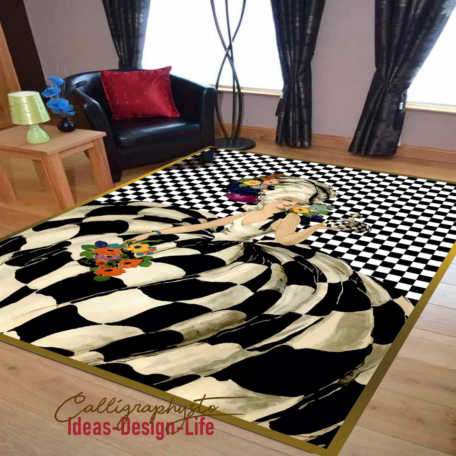 Victorian Lady Area Rug: Renaissance Maiden, Checkered Black Carpet - Etsy