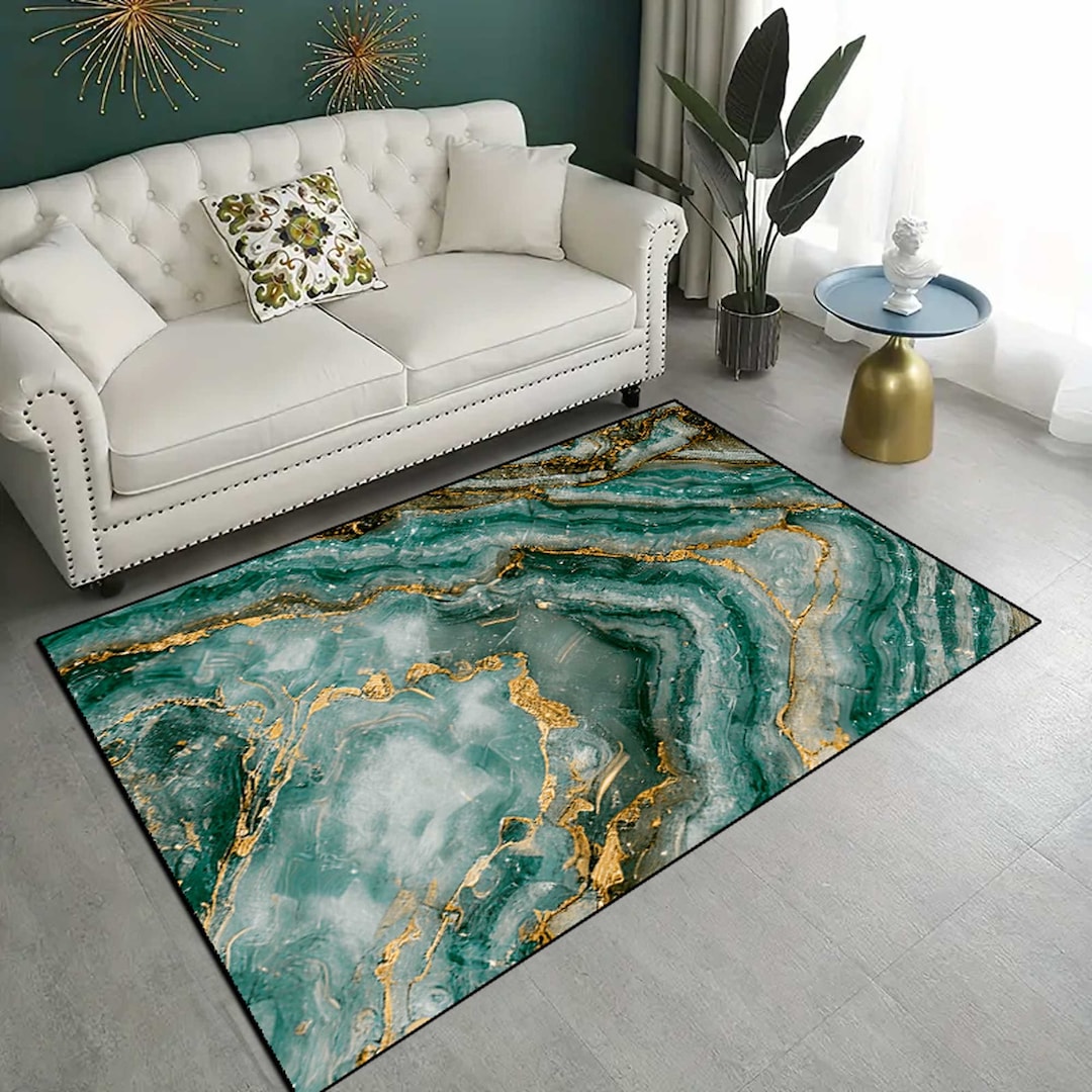 Home Rug Gold Luxurious Gold Gilded Area Rug With Green Marble Design - Washable Non ...