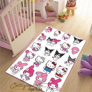 May include: A white rug with a pink border features a repeating pattern of Hello Kitty and My Melody characters. The characters are in various poses and wearing different outfits. The rug is perfect for a child's room or play area.