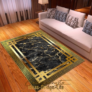 Black and Gold Marble Area Rug, Medusa Carpet, Greek Key Rug, Floor Rug|Washable Rectangle Rug|Housewarming Gift|Living Room Rug
