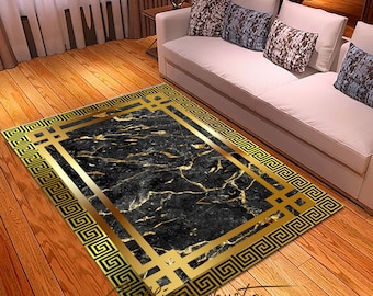 Black Marble Area Rug: Gold Greek Key Medusa Carpet