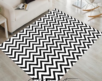 Black and White Zig Zag Pattern Area or Runner Rug • Classic Chevron Design • Custom Sizes Available