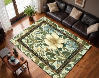 Botanical Accent Rug: Bohemian Green Living Room Decor