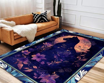 Tapete floral azul meia-noite com estampa de gato: Arte botânica gótica vintage