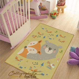 Waldtiere Kinderzimmer-Teppich-Set - Fuchs- und Bären-Design | Rutschfeste Matten für Kinder | Babyzimmer Teppich