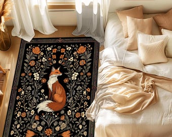 Gothic Fox Rug: Vintage William Morris Style, Dark Academia Decor