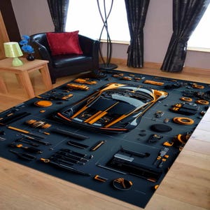 Bugatti Chiron Exploded View Rug: Kids Car Play Mat, Non-Slip Base