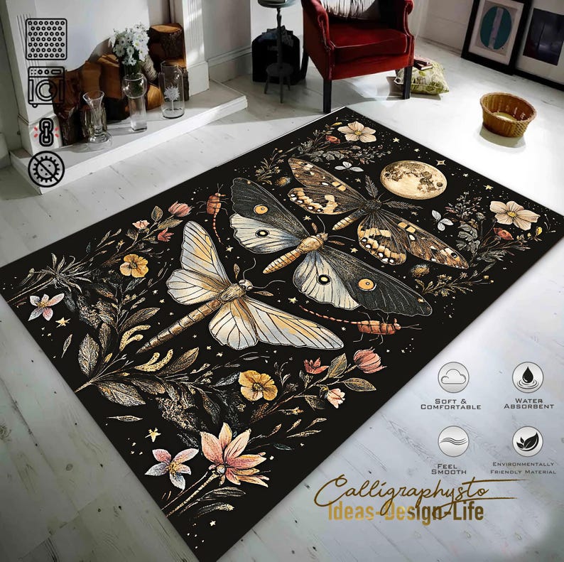 Moth Area Rug Mystic Moth Area Rug - Moon and Floral Pattern for Living Room - Etsy