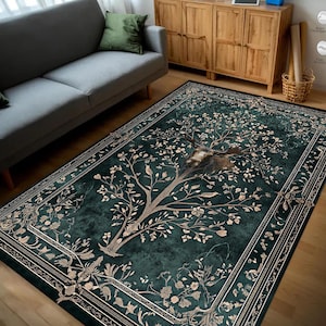 Gothic Green Area Rug: Reindeer, Flower, and Tree Damask Art
